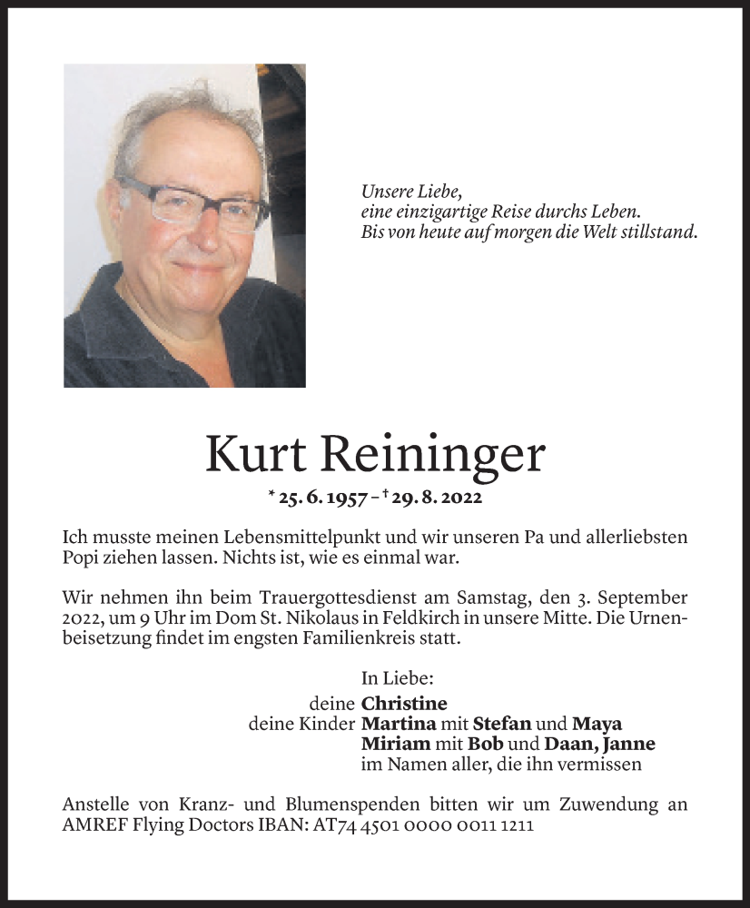  Todesanzeige für Kurt Reininger vom 01.09.2022 aus Vorarlberger Nachrichten