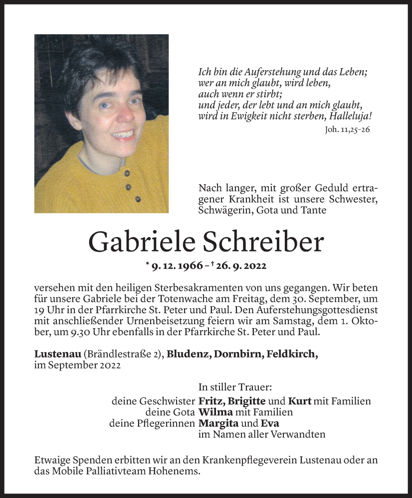  Todesanzeige für Gabriele Schreiber vom 27.09.2022 aus Vorarlberger Nachrichten
