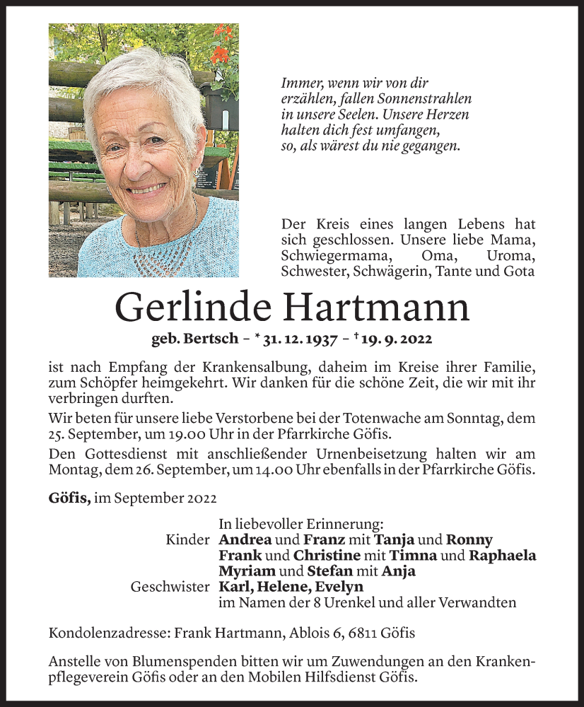  Todesanzeige für Gerlinde Hartmann vom 23.09.2022 aus Vorarlberger Nachrichten