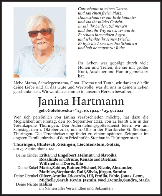 Todesanzeige von Janina Hartmann von Vorarlberger Nachrichten