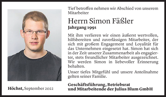 Todesanzeige von Simon Fäßler von Vorarlberger Nachrichten