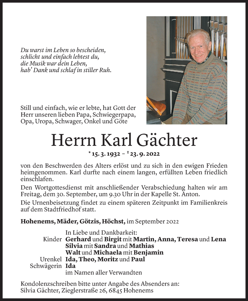  Todesanzeige für Karl Gächter vom 27.09.2022 aus Vorarlberger Nachrichten