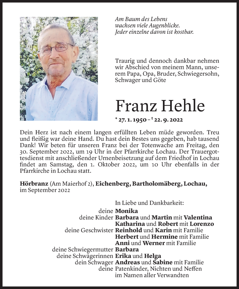  Todesanzeige für Franz Hehle vom 27.09.2022 aus Vorarlberger Nachrichten