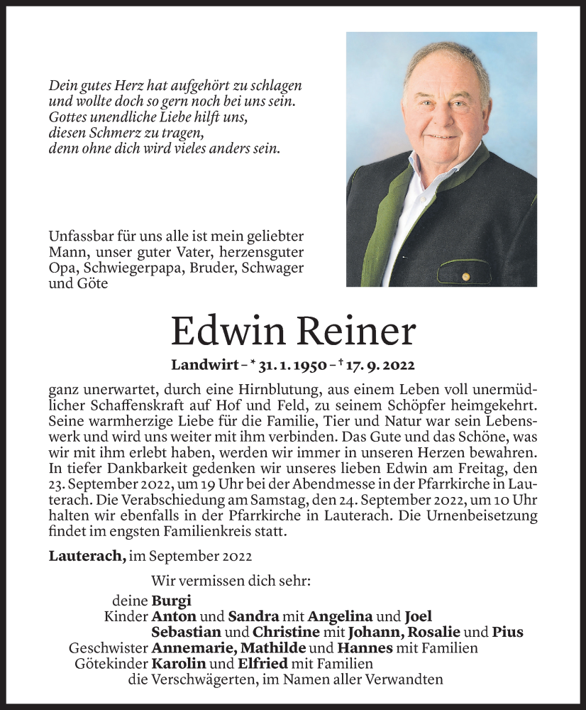  Todesanzeige für Edwin Reiner vom 21.09.2022 aus Vorarlberger Nachrichten