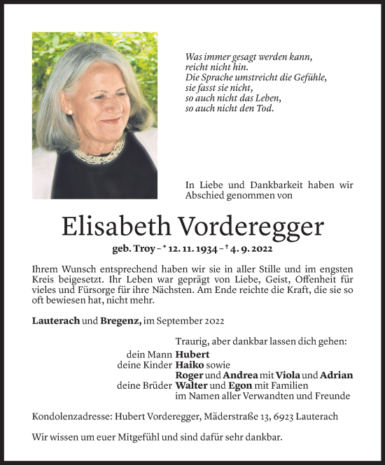 Todesanzeige von Elisabeth Vorderegger von Vorarlberger Nachrichten