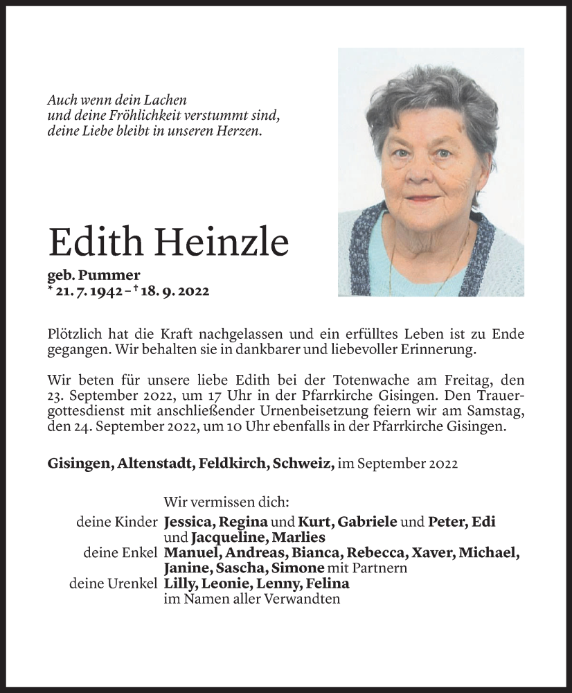  Todesanzeige für Edith Heinzle vom 21.09.2022 aus Vorarlberger Nachrichten