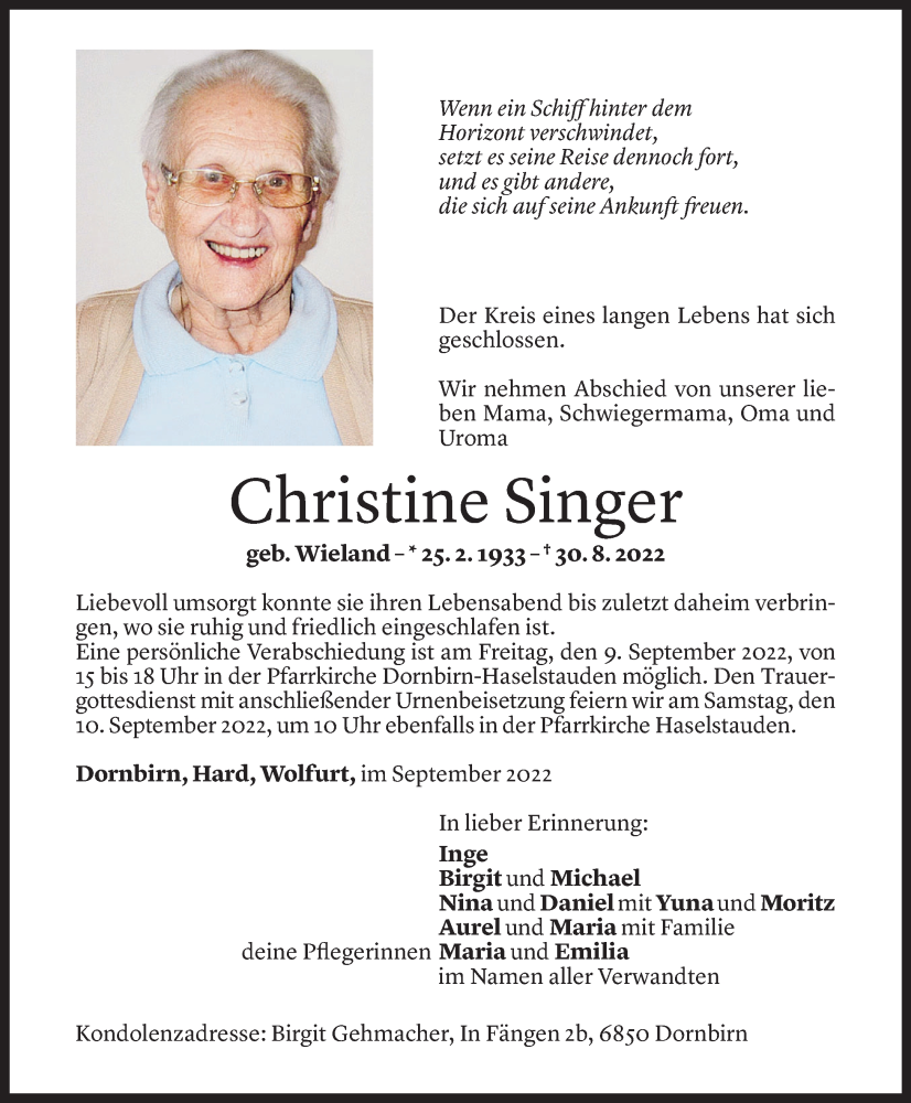  Todesanzeige für Christine Singer vom 02.09.2022 aus Vorarlberger Nachrichten