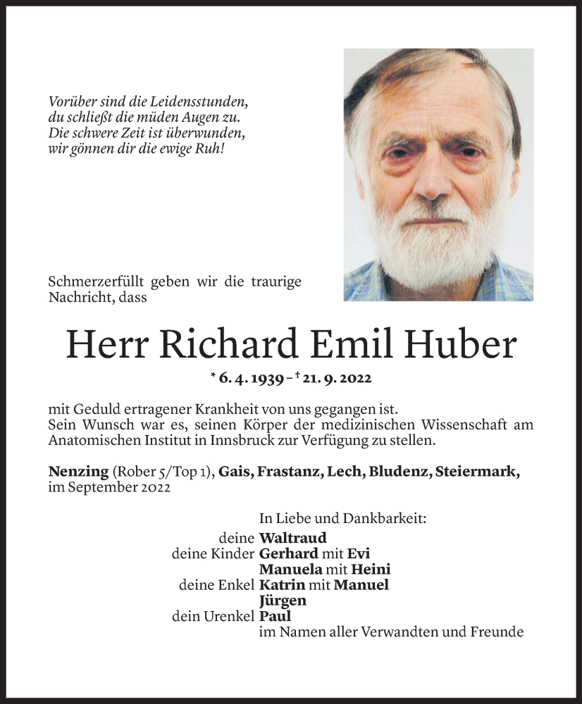  Todesanzeige für Richard Huber vom 01.10.2022 aus Vorarlberger Nachrichten