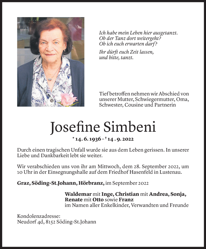  Todesanzeige für Josefine Simbeni vom 24.09.2022 aus Vorarlberger Nachrichten