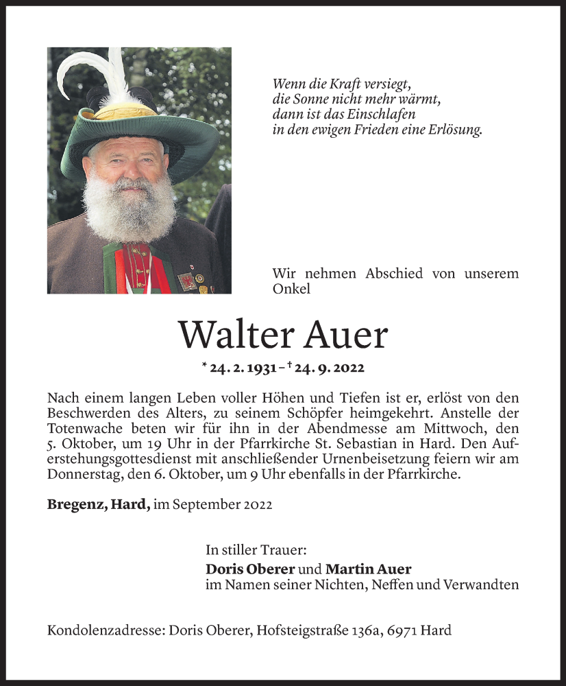  Todesanzeige für Walter Auer vom 02.10.2022 aus Vorarlberger Nachrichten