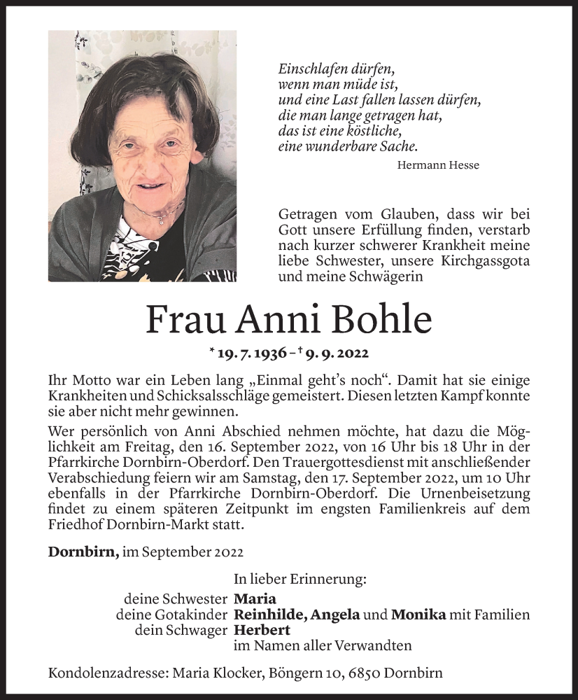  Todesanzeige für Anni Bohle vom 14.09.2022 aus Vorarlberger Nachrichten