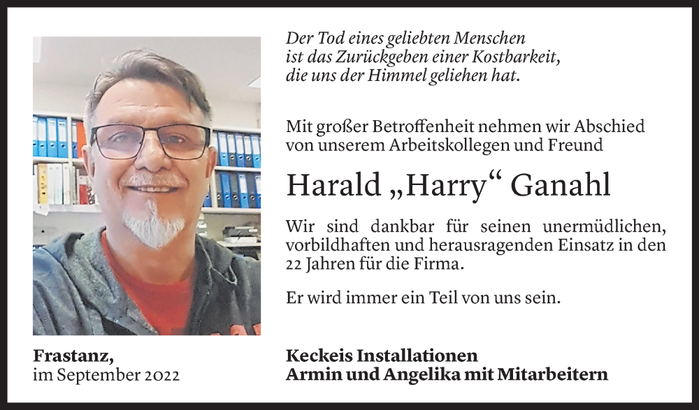  Todesanzeige für Harald Ganahl vom 13.09.2022 aus Vorarlberger Nachrichten