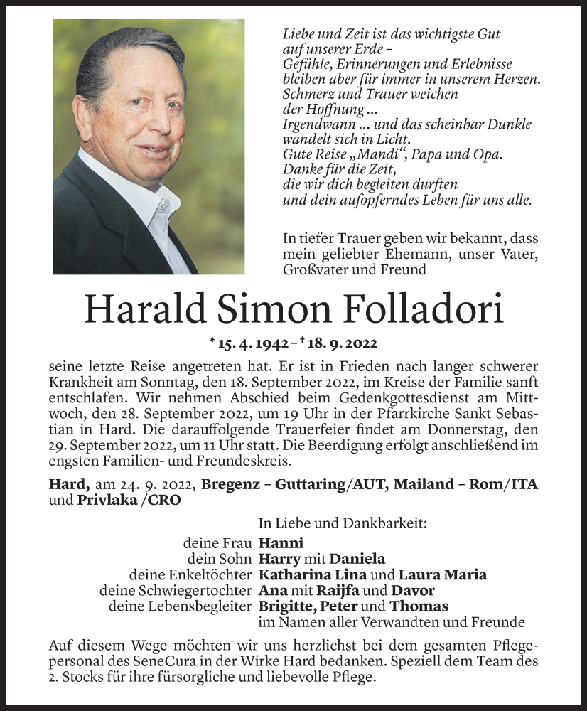  Todesanzeige für Harald Simon Folladori vom 24.09.2022 aus Vorarlberger Nachrichten