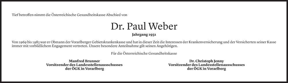  Todesanzeige für Paul Weber vom 06.09.2022 aus Vorarlberger Nachrichten