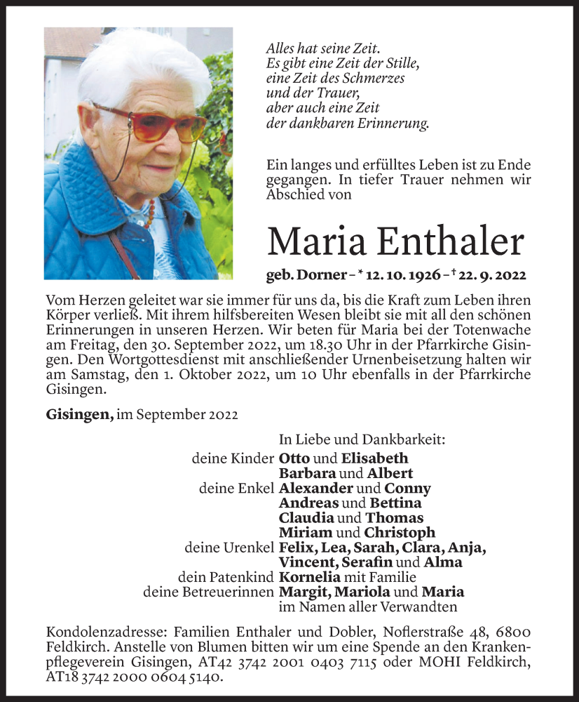  Todesanzeige für Maria Enthaler vom 28.09.2022 aus Vorarlberger Nachrichten