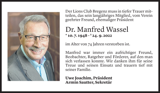 Todesanzeige von Manfred Wassel von Vorarlberger Nachrichten