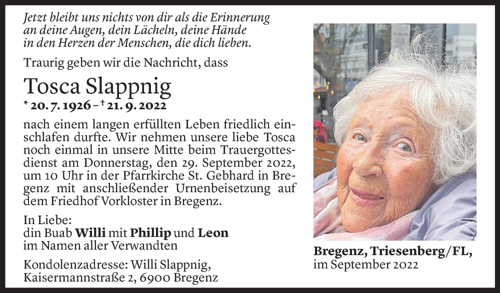  Todesanzeige für Tosca Slappnig vom 24.09.2022 aus Vorarlberger Nachrichten