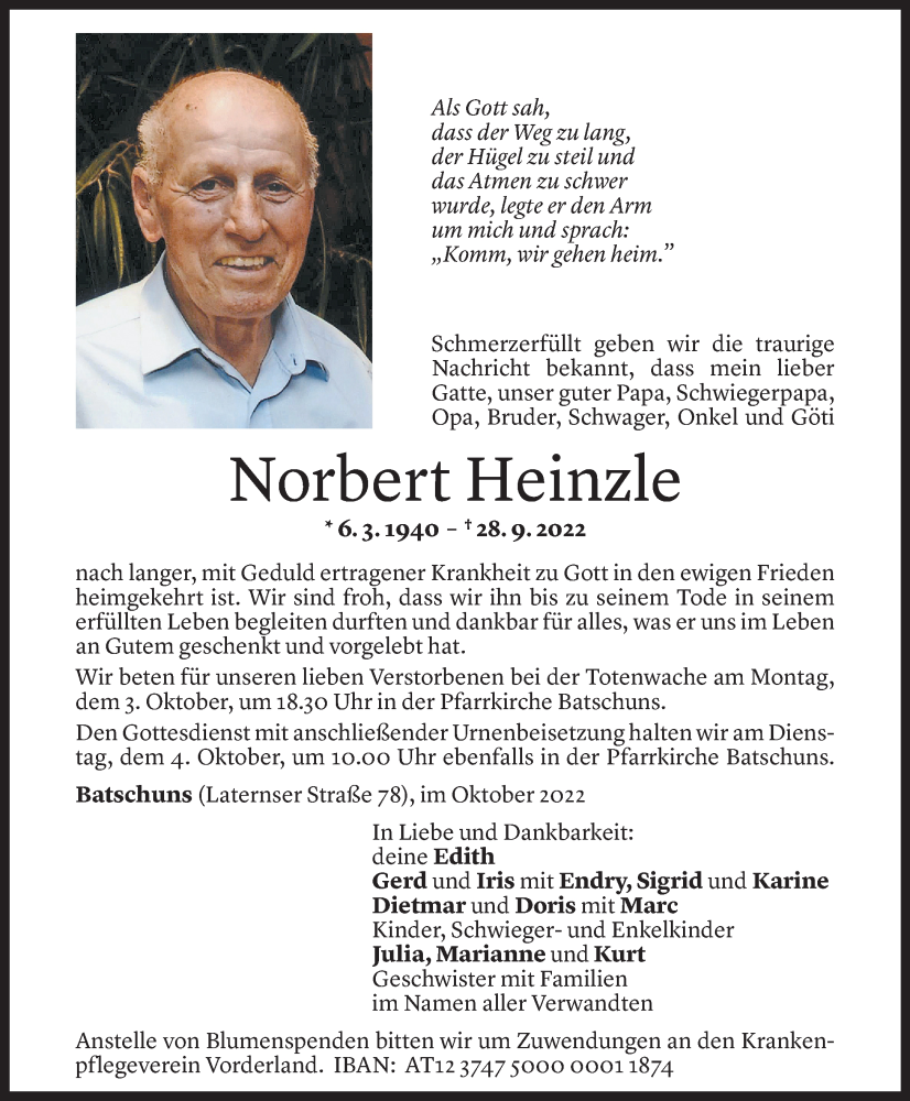  Todesanzeige für Norbert Heinzle vom 01.10.2022 aus Vorarlberger Nachrichten