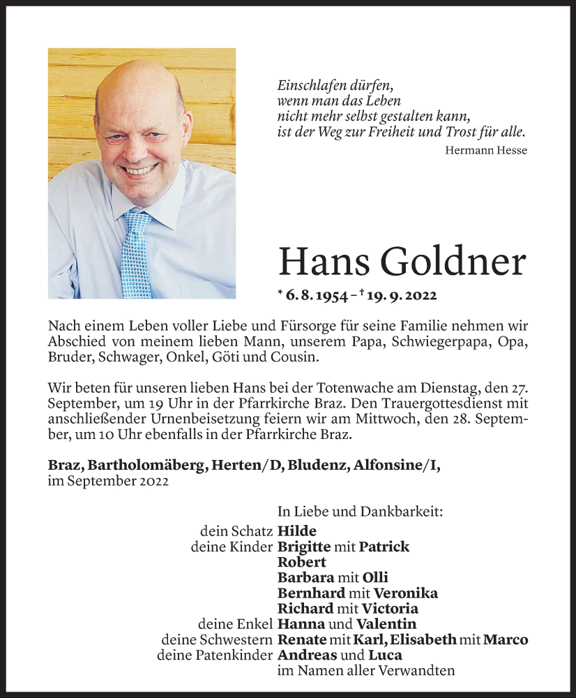  Todesanzeige für Hans Goldner vom 24.09.2022 aus Vorarlberger Nachrichten