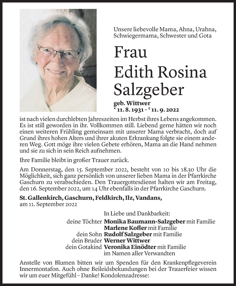 Todesanzeige für Edith Rosina Salzgeber vom 14.09.2022 aus Vorarlberger Nachrichten
