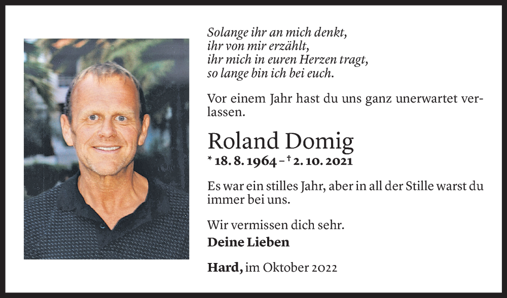  Todesanzeige für Roland Domig vom 30.09.2022 aus Vorarlberger Nachrichten