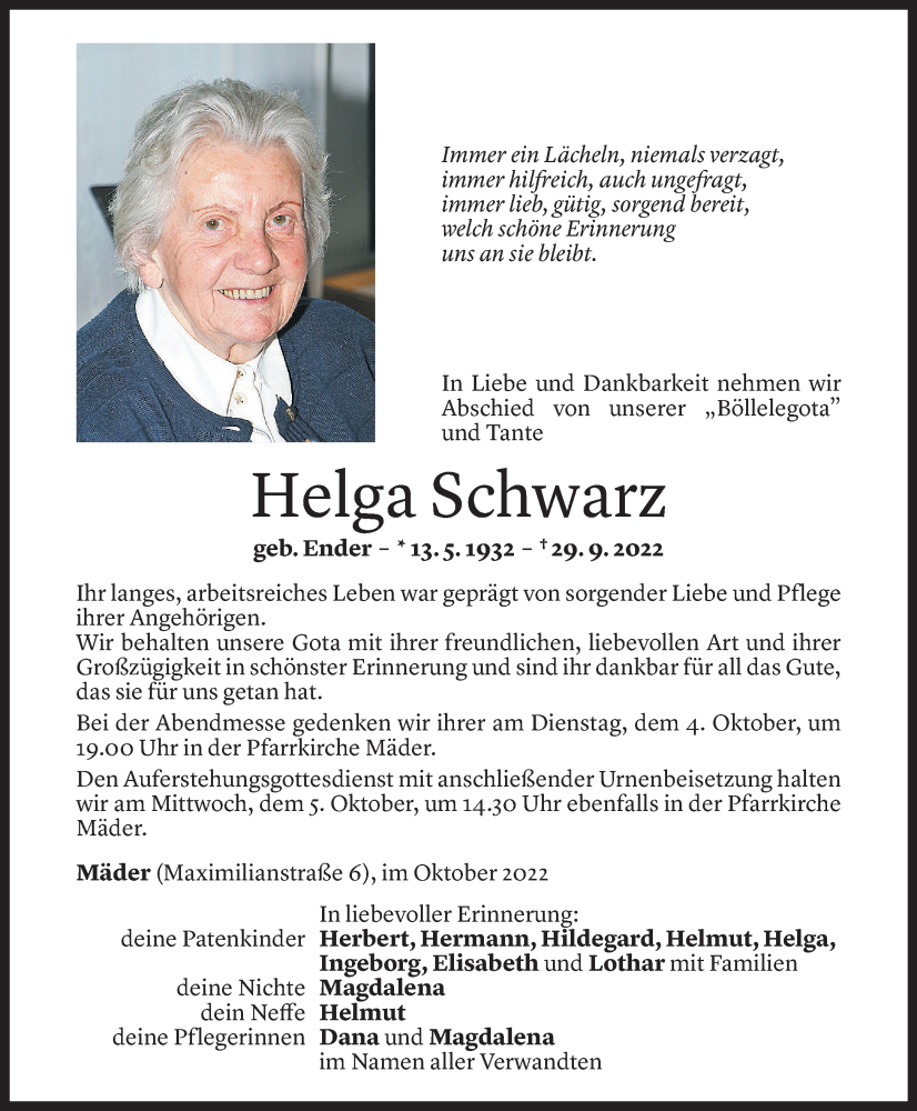  Todesanzeige für Helga Schwarz vom 03.10.2022 aus Vorarlberger Nachrichten