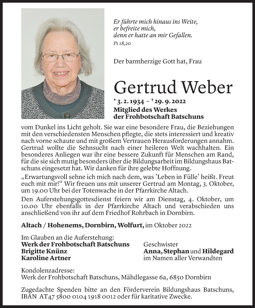  Todesanzeige für Gertrud Weber vom 01.10.2022 aus Vorarlberger Nachrichten