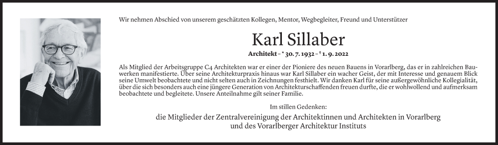 Todesanzeige für Karl Sillaber vom 06.09.2022 aus Vorarlberger Nachrichten