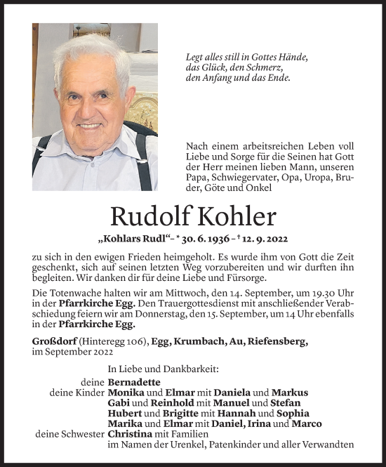 Todesanzeige von Rudolf Kohler von Vorarlberger Nachrichten