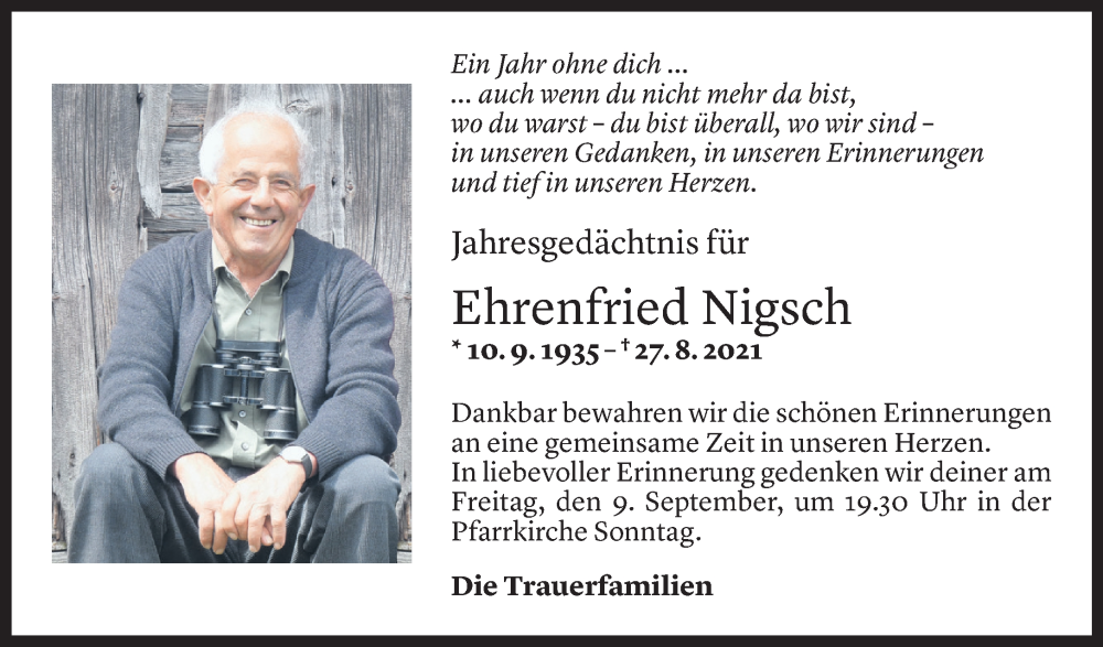  Todesanzeige für Ehrenfried Nigsch vom 02.09.2022 aus Vorarlberger Nachrichten