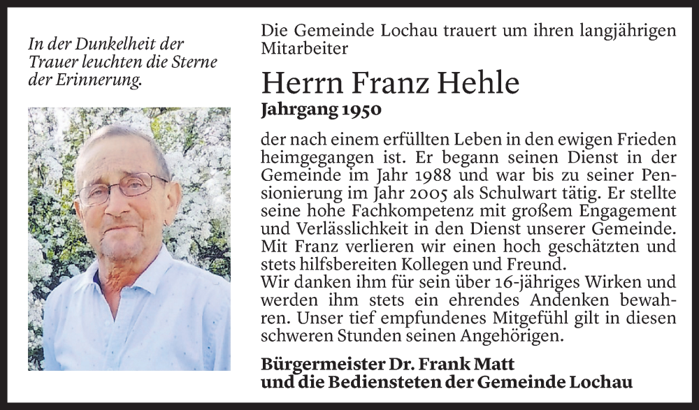  Todesanzeige für Franz Hehle vom 29.09.2022 aus Vorarlberger Nachrichten