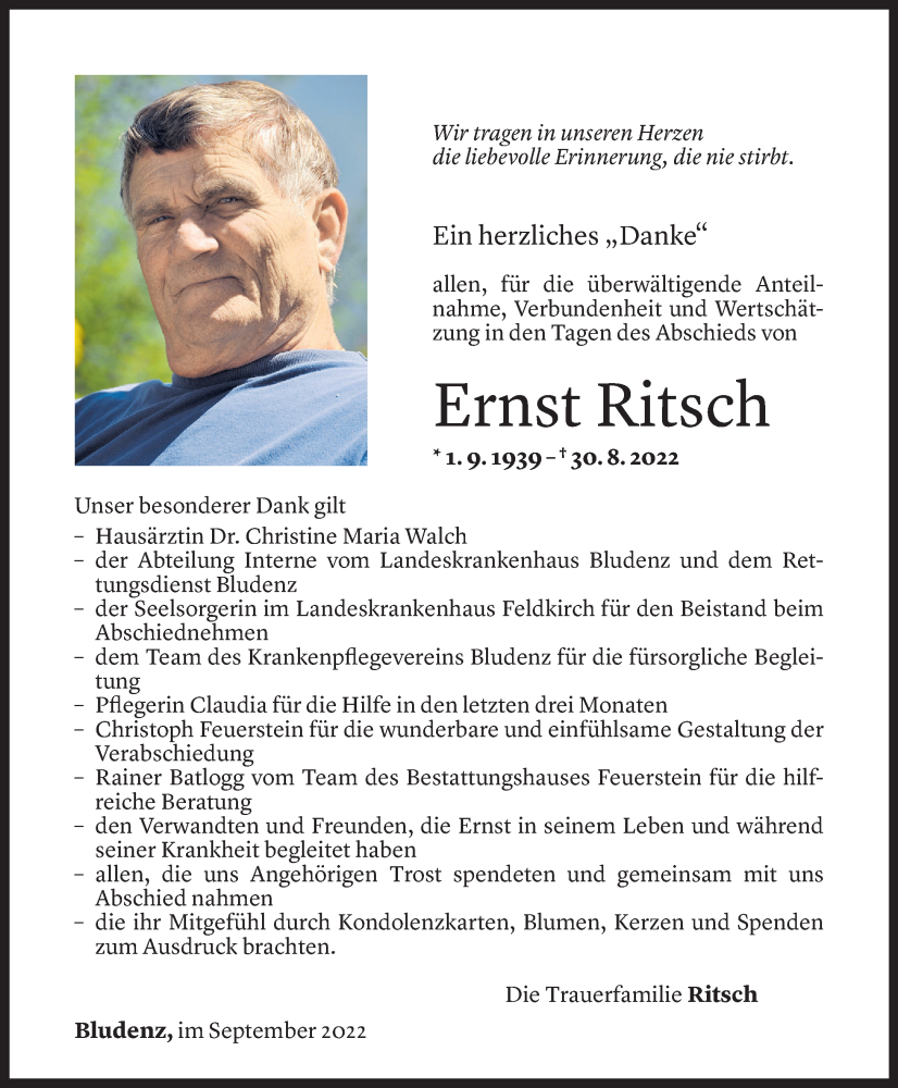  Todesanzeige für Ernst Ritsch vom 16.09.2022 aus Vorarlberger Nachrichten