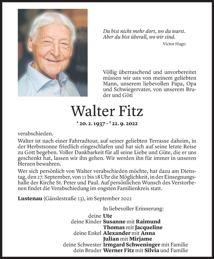  Todesanzeige für Walter Fitz vom 26.09.2022 aus vor