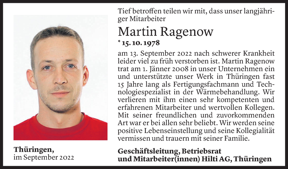  Todesanzeige für Martin Ragenow vom 16.09.2022 aus Vorarlberger Nachrichten