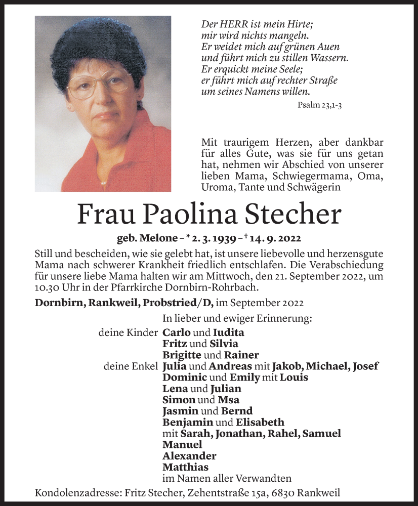  Todesanzeige für Paolina Stecher vom 16.09.2022 aus Vorarlberger Nachrichten