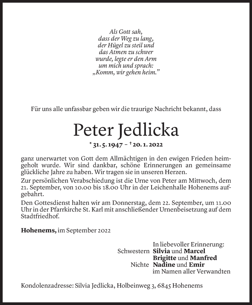  Todesanzeige für Peter Jedlicka vom 19.09.2022 aus Vorarlberger Nachrichten