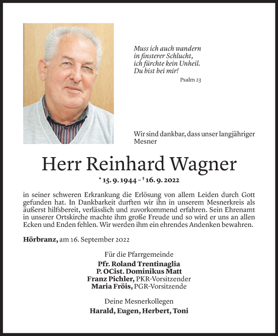 Todesanzeige von Reinhard Wagner von Vorarlberger Nachrichten