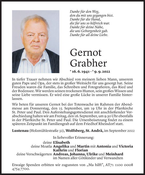 Todesanzeige von Gernot Grabher von Vorarlberger Nachrichten