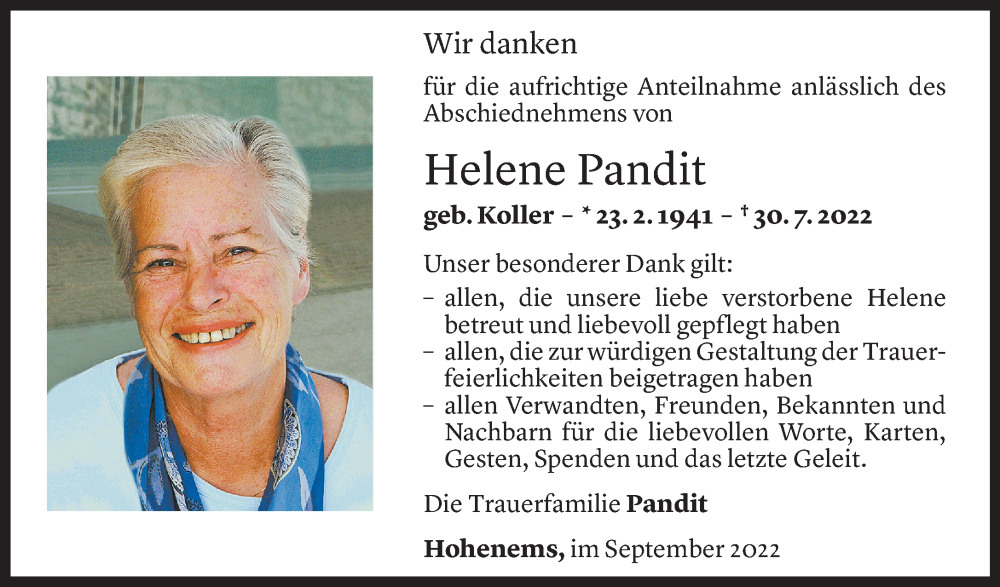  Todesanzeige für Helene Pandit vom 07.09.2022 aus Vorarlberger Nachrichten