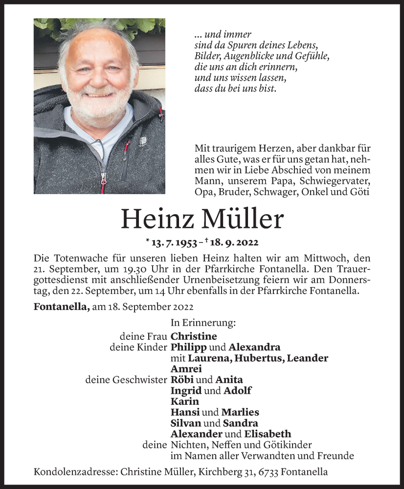  Todesanzeige für Heinz Müller vom 21.09.2022 aus Vorarlberger Nachrichten