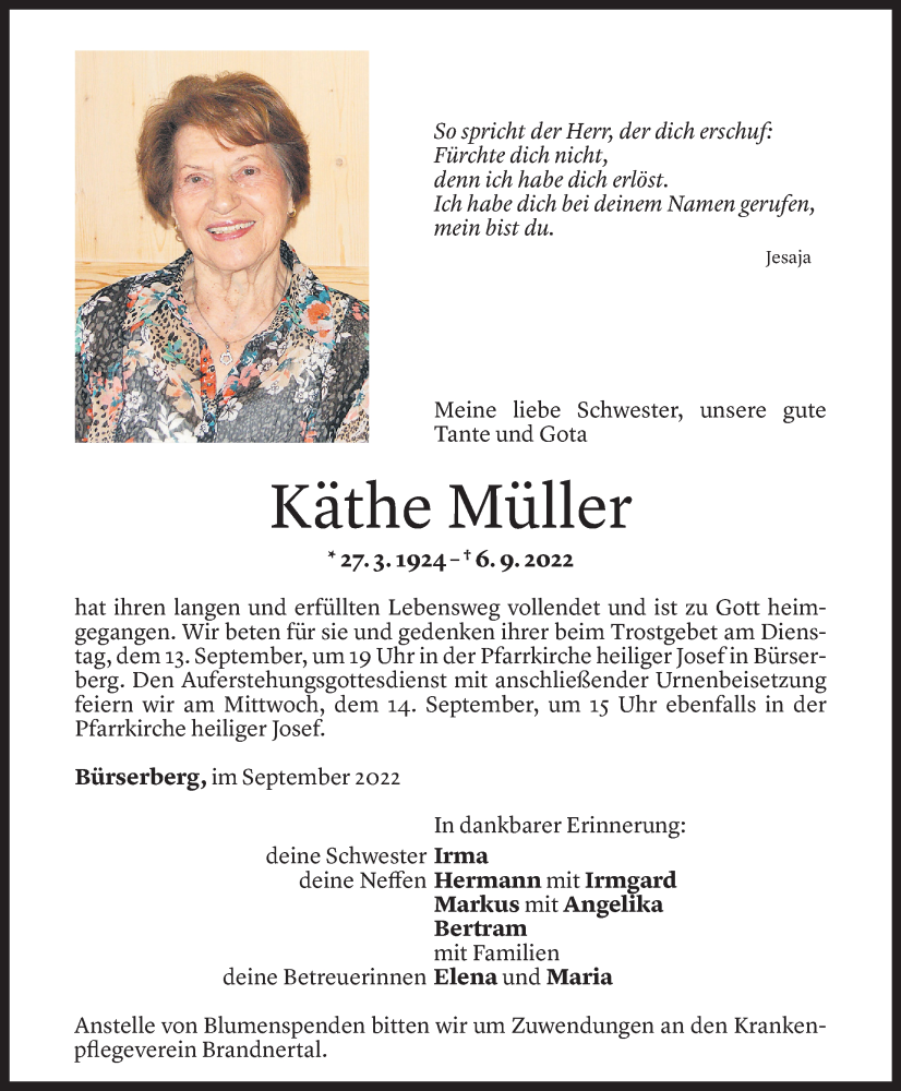  Todesanzeige für Katharina Müller vom 10.09.2022 aus Vorarlberger Nachrichten
