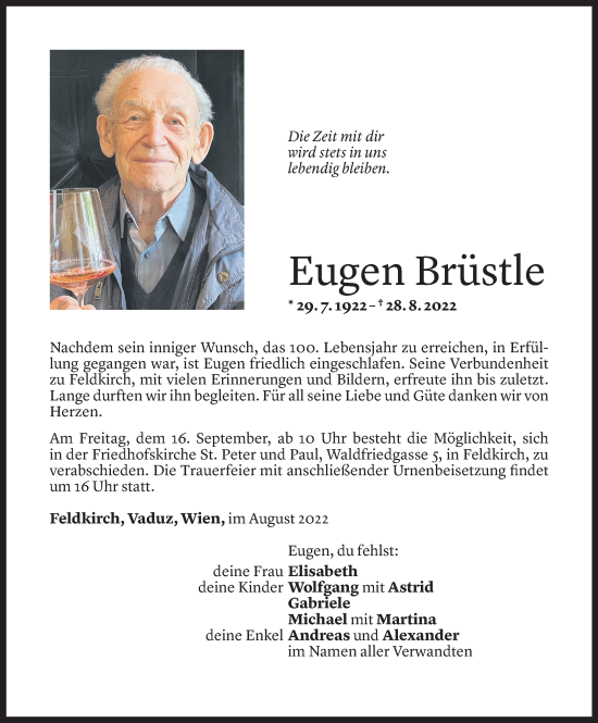 Todesanzeige von Eugen Brüstle von Vorarlberger Nachrichten