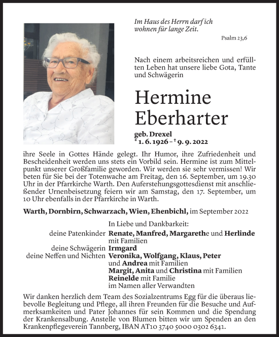 Todesanzeige von Hermine Eberharter von Vorarlberger Nachrichten