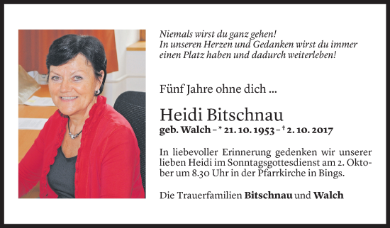 Todesanzeige von Heidi Bitschnau von Vorarlberger Nachrichten