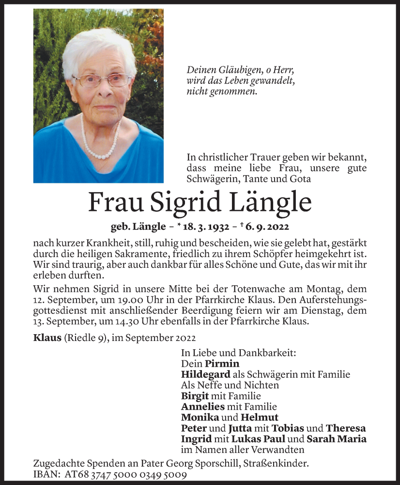  Todesanzeige für Sigrid Längle vom 09.09.2022 aus Vorarlberger Nachrichten