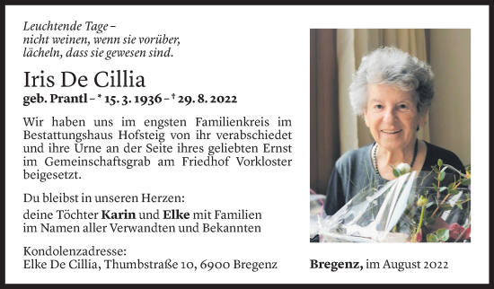 Todesanzeige von Iris De Cillia von Vorarlberger Nachrichten