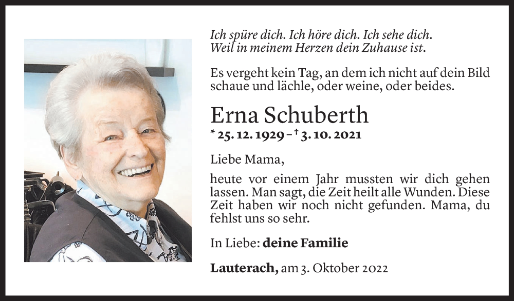  Todesanzeige für Erna Schuberth vom 02.10.2022 aus Vorarlberger Nachrichten