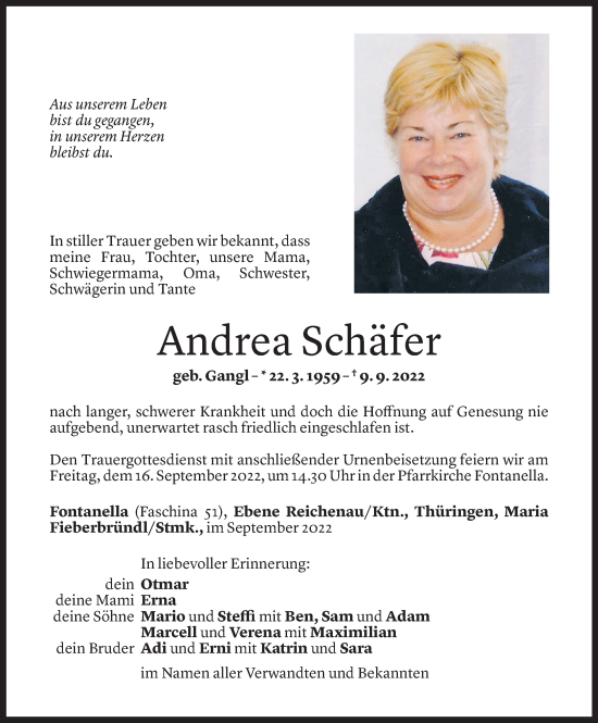 Todesanzeige von Andrea Schäfer von Vorarlberger Nachrichten