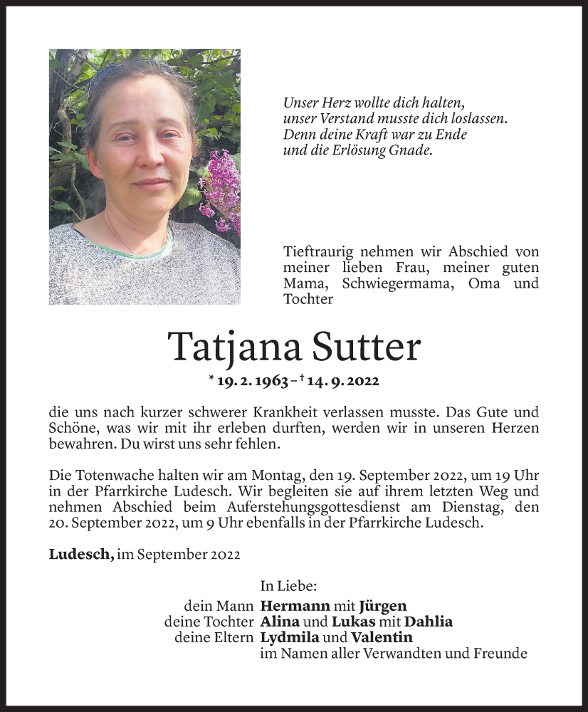  Todesanzeige für Tatjana Sutter vom 16.09.2022 aus Vorarlberger Nachrichten