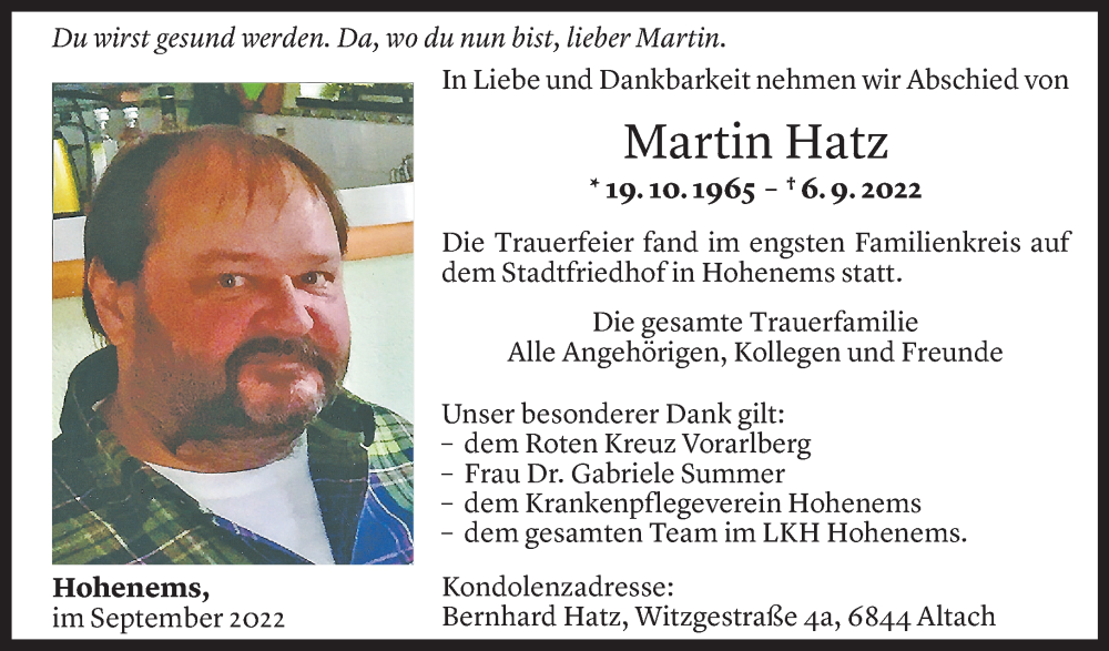  Todesanzeige für Martin Hatz vom 21.09.2022 aus Vorarlberger Nachrichten